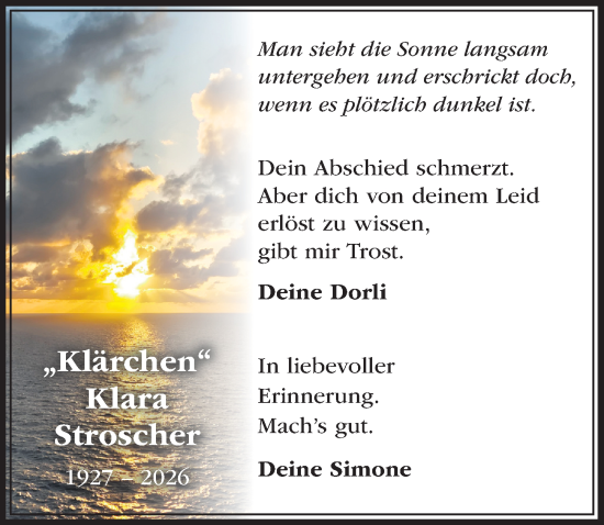 Traueranzeige von Klara Stroscher von Aller Zeitung