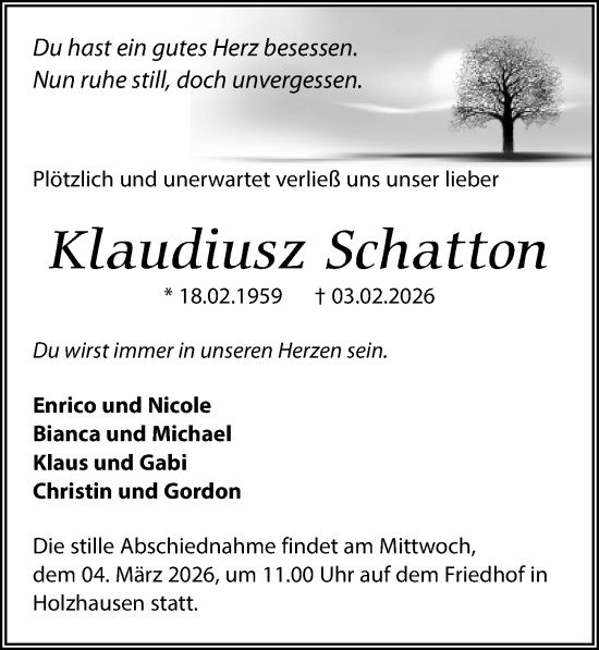 Traueranzeige von Klaudiusz Schatton von Wochenspiegel