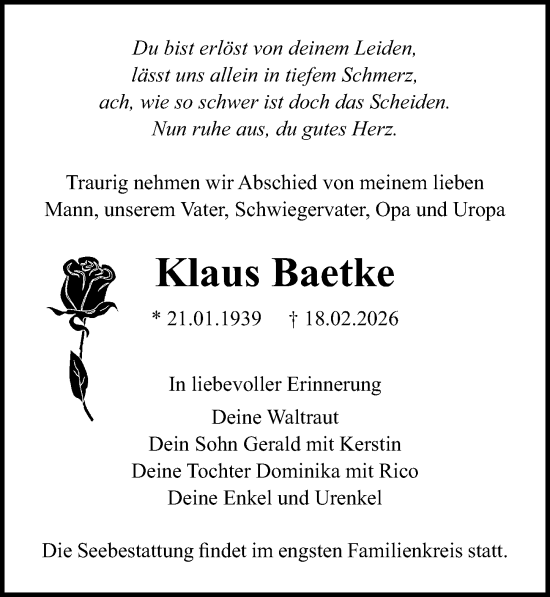 Traueranzeige von Klaus Baetke von Ostsee-Zeitung GmbH