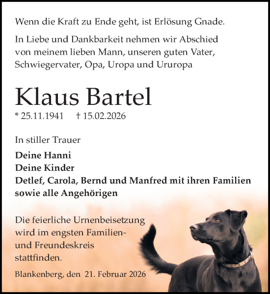 Traueranzeige von Klaus Bartel von Wochenspiegel