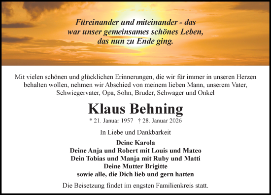 Traueranzeige von Klaus Behning von Ostsee-Zeitung GmbH