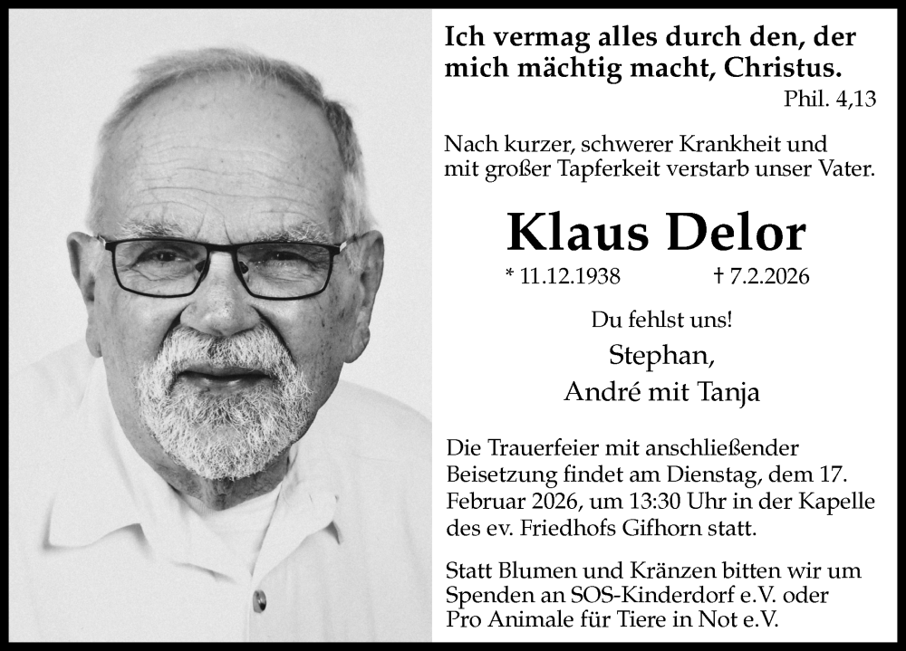  Traueranzeige für Klaus Delor vom 14.02.2026 aus Aller Zeitung