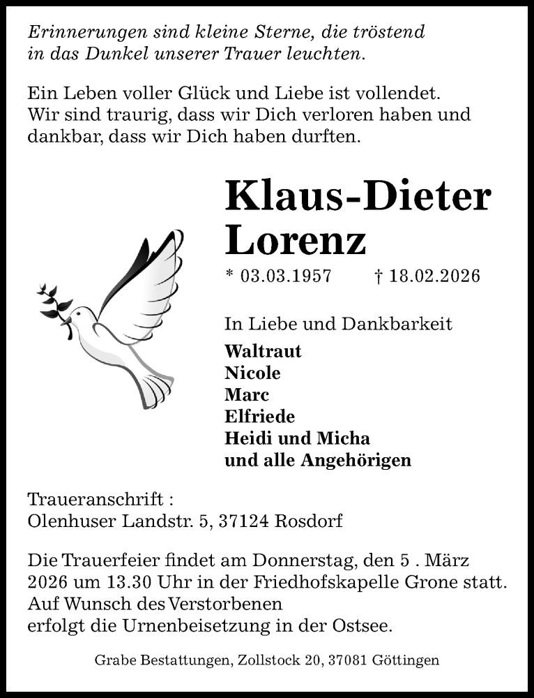  Traueranzeige für Klaus-Dieter Lorenz vom 28.02.2026 aus Göttinger Tageblatt