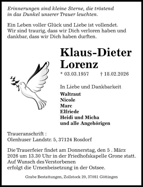 Traueranzeige von Klaus-Dieter Lorenz von Göttinger Tageblatt