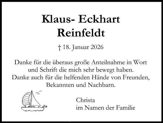 Traueranzeige von Klaus-Eckhart Reinfeldt von Kieler Nachrichten