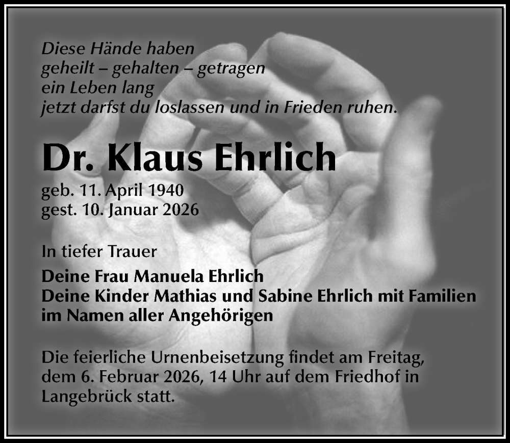  Traueranzeige für Klaus Ehrlich vom 24.01.2026 aus Sächsische Zeitung