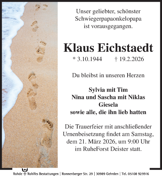 Traueranzeige von Klaus Eichstaedt von Hannoversche Allgemeine Zeitung/Neue Presse
