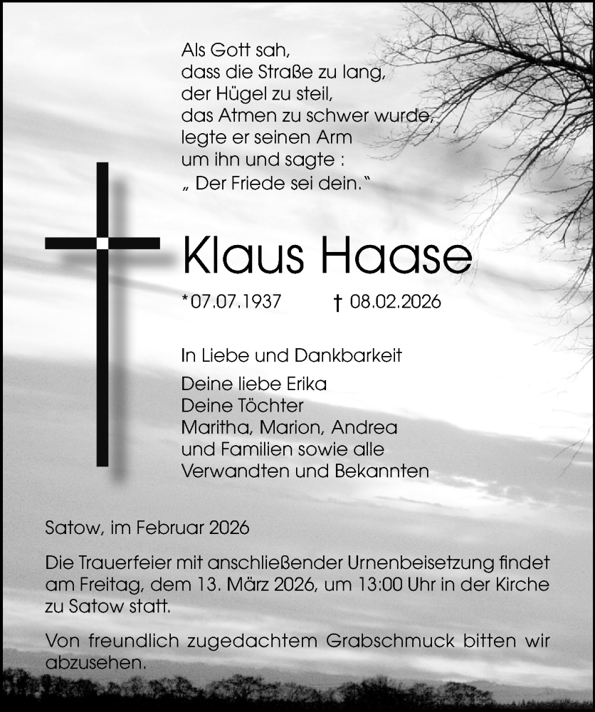  Traueranzeige für Klaus Haase vom 21.02.2026 aus Ostsee-Zeitung GmbH