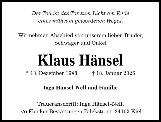 Traueranzeige von Klaus Hänsel von Kieler Nachrichten