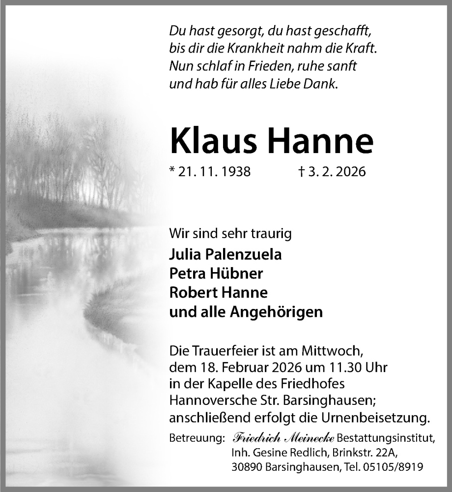 Traueranzeige für Klaus Hanne vom 14.02.2026 aus Hannoversche Allgemeine Zeitung/Neue Presse