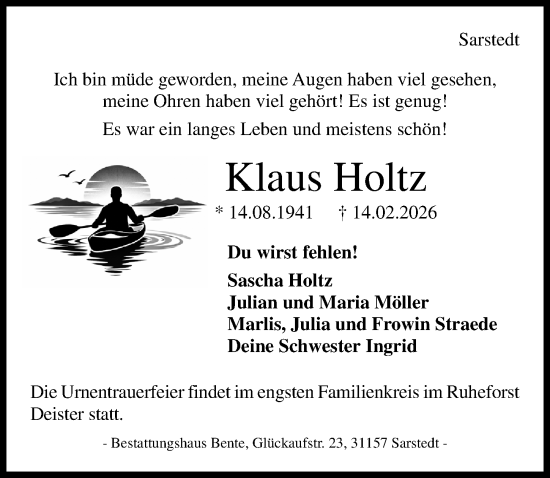 Traueranzeige von Klaus Holtz von Hannoversche Allgemeine Zeitung/Neue Presse