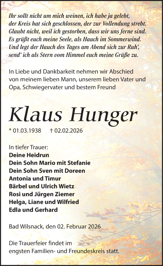 Traueranzeige von Klaus Hunger von Wochenspiegel