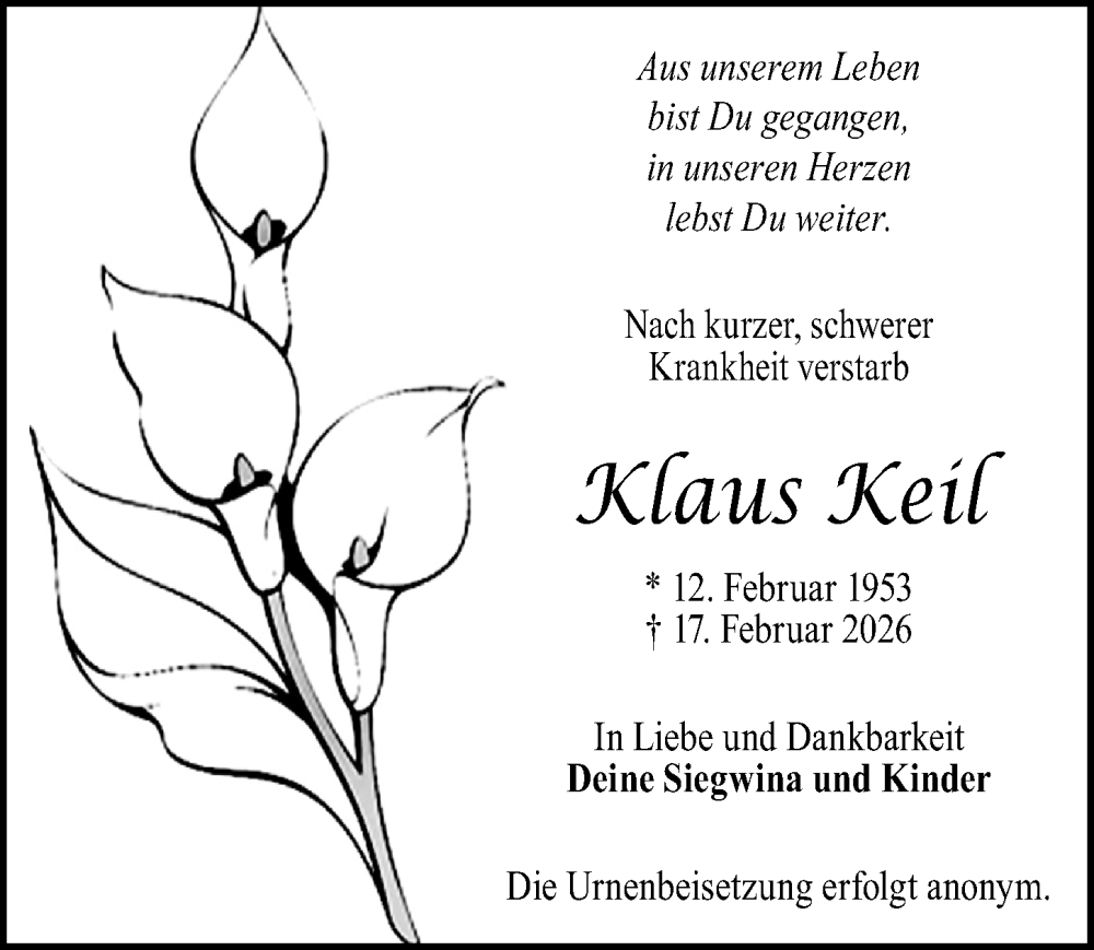  Traueranzeige für Klaus Keil vom 28.02.2026 aus Wochenspiegel