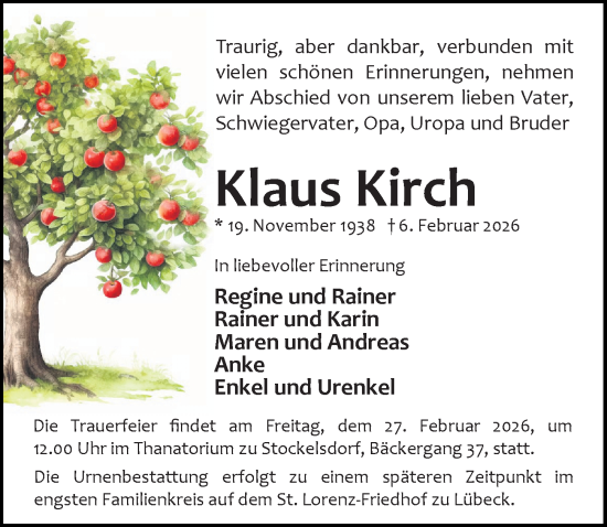 Traueranzeige von Klaus Kirch von Lübecker Nachrichten