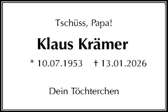Traueranzeige von Klaus Krämer von Lübecker Nachrichten