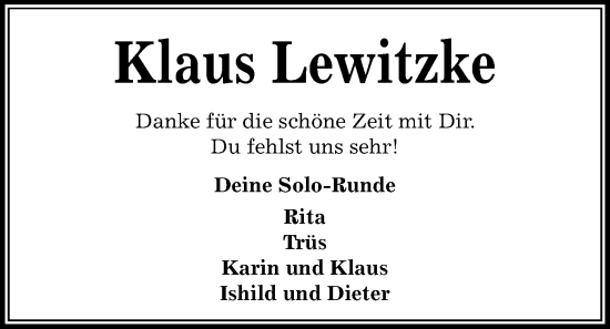 Traueranzeige von Klaus Lewitzke von Kieler Nachrichten
