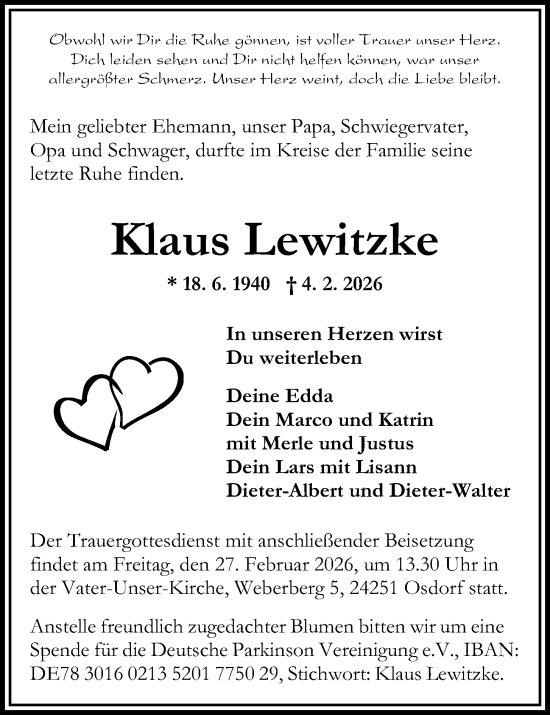 Traueranzeige von Klaus Lewitzke von Kieler Nachrichten
