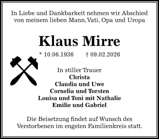 Traueranzeige von Klaus Mirre von Sächsische Zeitung