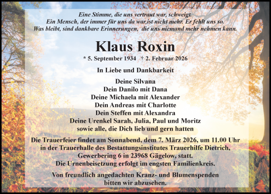 Traueranzeige von Klaus Roxin von Ostsee-Zeitung GmbH