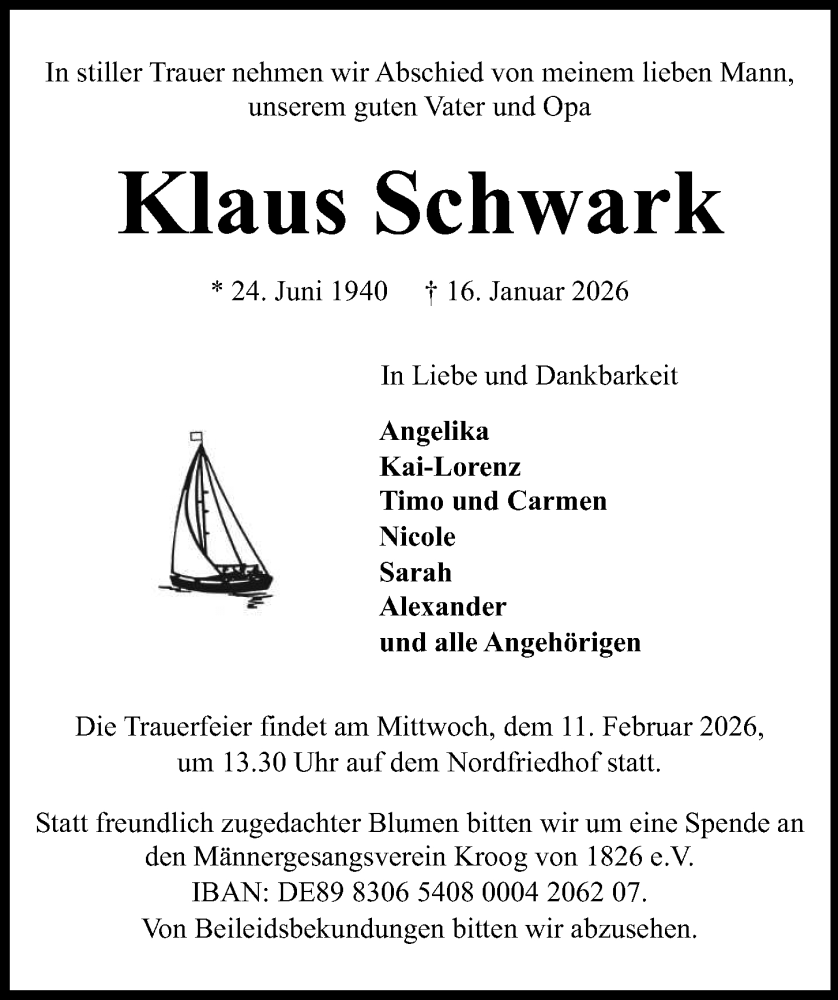  Traueranzeige für Klaus Schwark vom 07.02.2026 aus Kieler Nachrichten