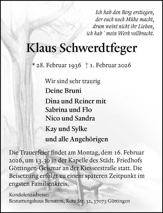 Traueranzeige von Klaus Schwerdtfeger von Göttinger Tageblatt