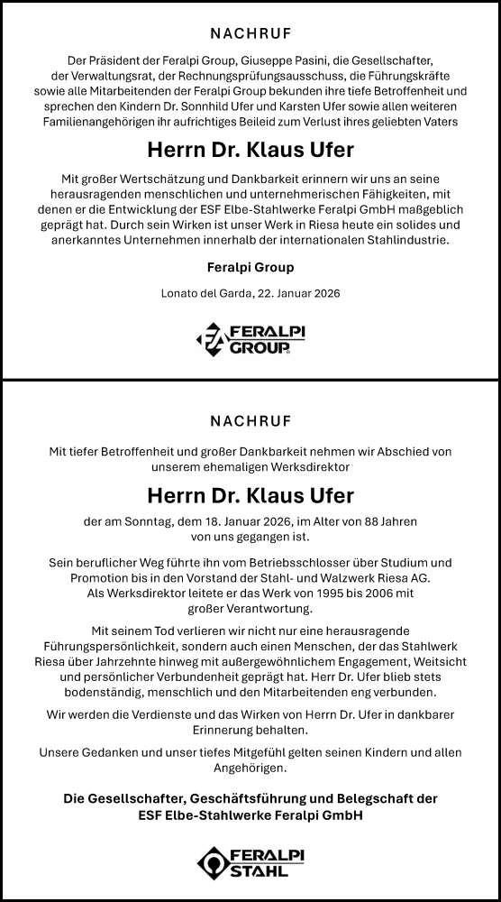  Traueranzeige für Klaus Ufer vom 24.01.2026 aus Sächsische Zeitung