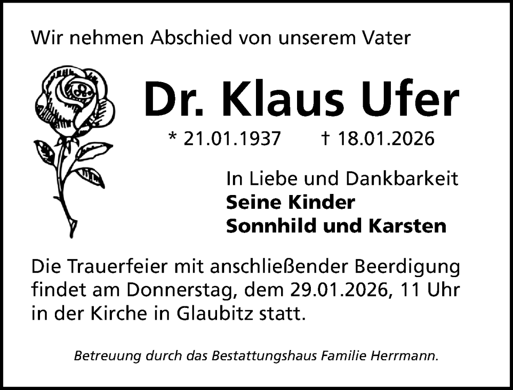 Traueranzeige für Klaus Ufer vom 24.01.2026 aus Sächsische Zeitung