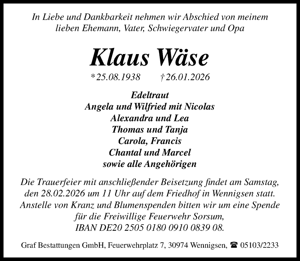  Traueranzeige für Klaus Wäse vom 07.02.2026 aus Hannoversche Allgemeine Zeitung/Neue Presse