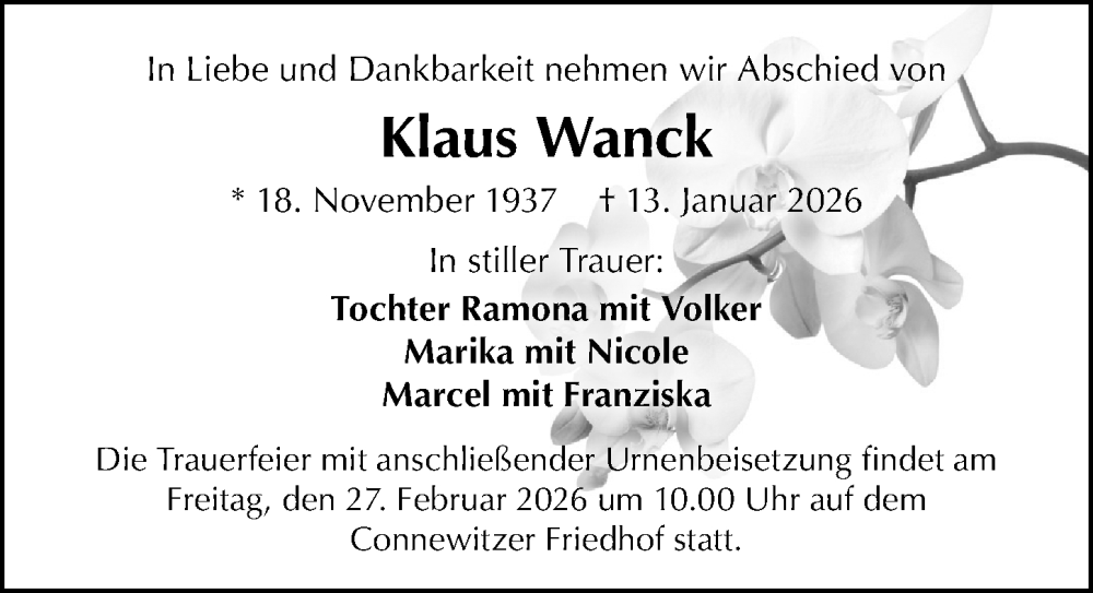  Traueranzeige für Klaus Wanck vom 14.02.2026 aus Leipziger Volkszeitung