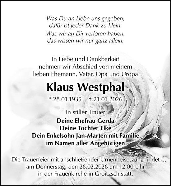 Traueranzeige von Klaus Westphal von Leipziger Volkszeitung