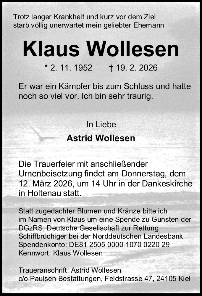  Traueranzeige für Klaus Wollesen vom 28.02.2026 aus Kieler Nachrichten