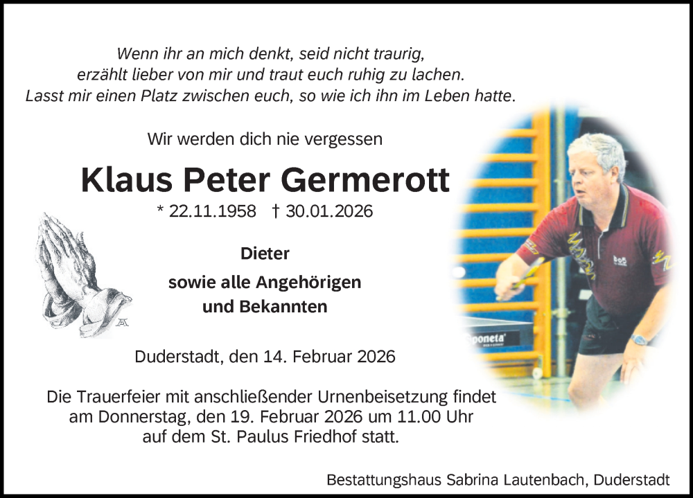  Traueranzeige für Klaus Peter Germerott vom 14.02.2026 aus Eichsfelder Tageblatt
