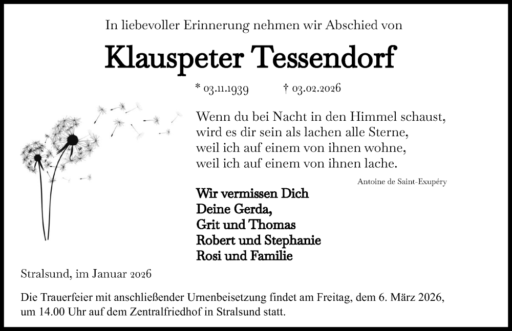  Traueranzeige für Klauspeter Tessendorf vom 14.02.2026 aus Ostsee-Zeitung GmbH