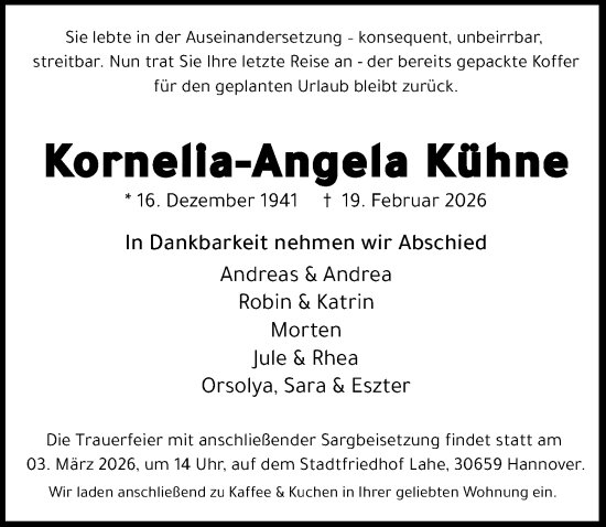 Traueranzeige von Kornella-Angela Kühne von Hannoversche Allgemeine Zeitung/Neue Presse