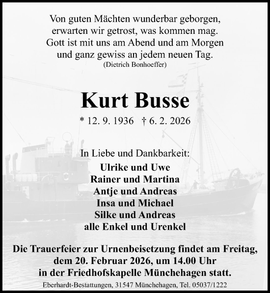Traueranzeige von Kurt Busse von Die Harke