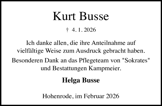 Traueranzeige von Kurt Busse von Schaumburger Nachrichten und Schaumburger Zeitung/ Landes-Zeitung