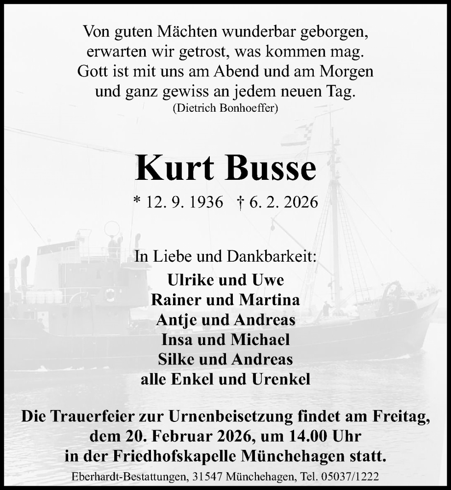  Traueranzeige für Kurt Busse vom 14.02.2026 aus Die Harke