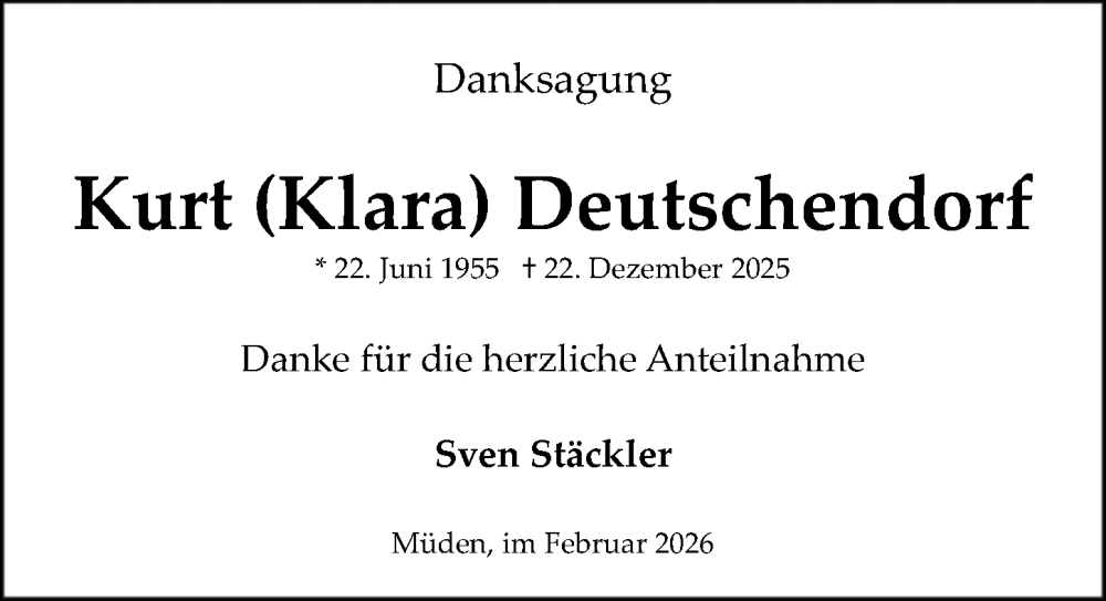  Traueranzeige für Kurt Deutschendorf vom 14.02.2026 aus Aller Zeitung