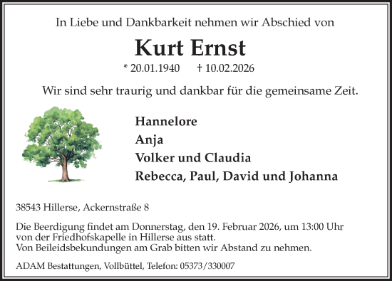 Traueranzeige von Kurt Ernst von Aller Zeitung