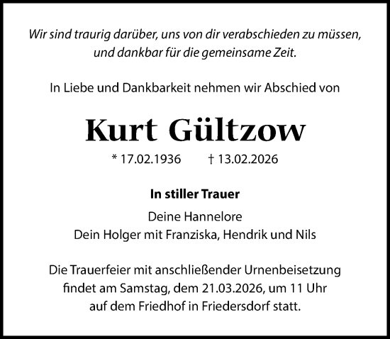 Traueranzeige von Kurt Gültzow von Märkischen Allgemeine Zeitung