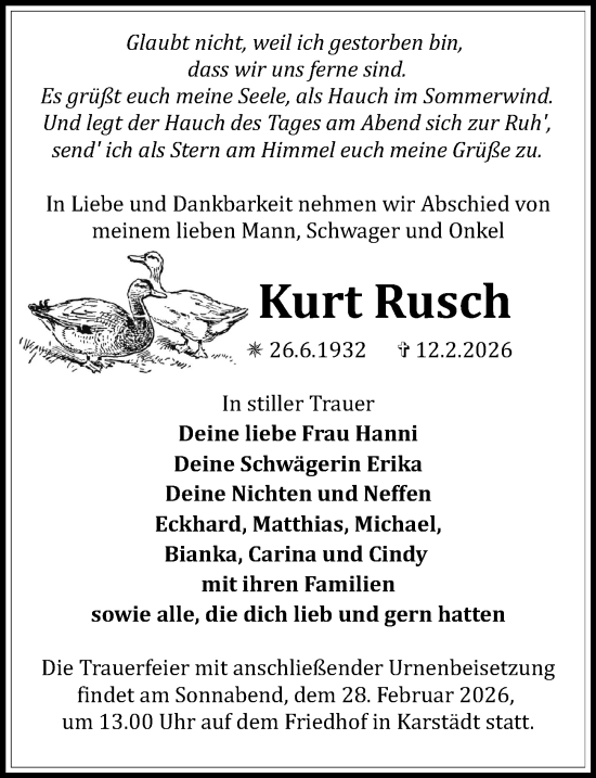 Traueranzeige von Kurt Rusch von Wochenspiegel
