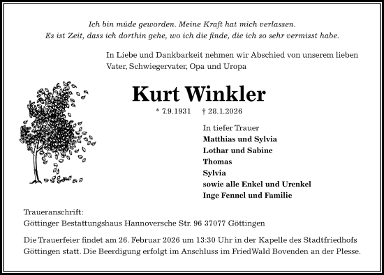 Traueranzeige von Kurt Winkler von Göttinger Tageblatt