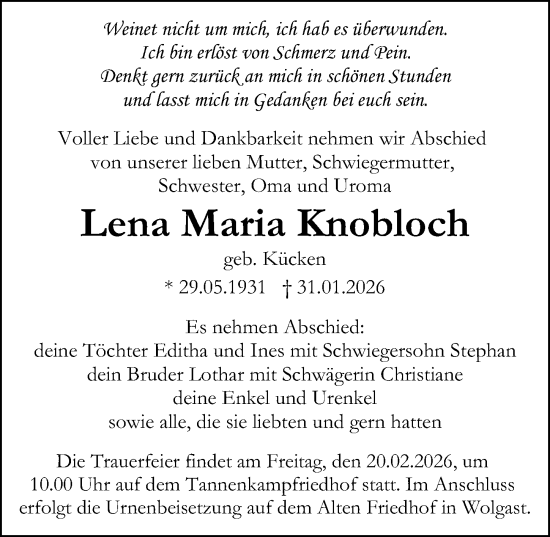 Traueranzeige von Lena Maria Knobloch von Ostsee-Zeitung GmbH