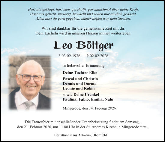 Traueranzeige von Leo Böttger von Eichsfelder Tageblatt