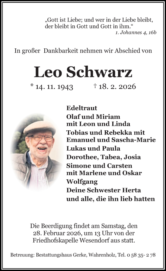 Traueranzeige von Leo Schwarz von Aller Zeitung
