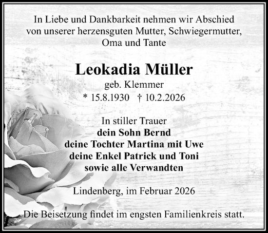 Traueranzeige von Leokadia Müller von Wochenspiegel