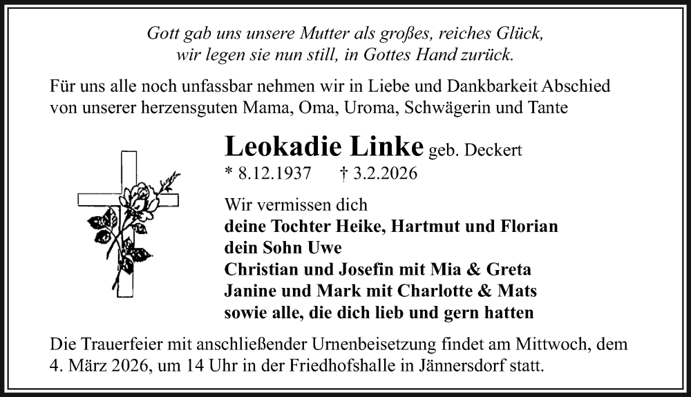  Traueranzeige für Leokadie Linke vom 14.02.2026 aus Wochenspiegel