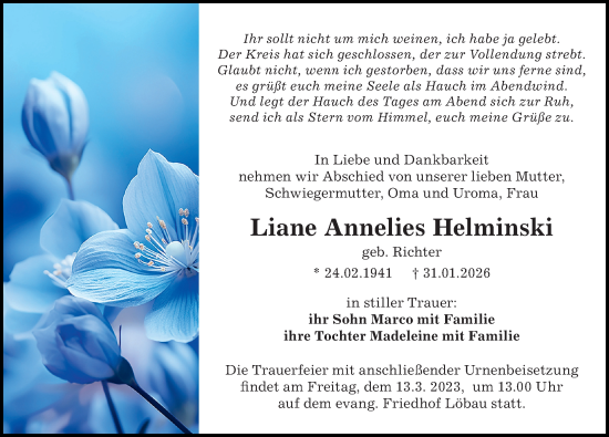 Traueranzeige von Liane Annelies Helminski von Sächsische Zeitung