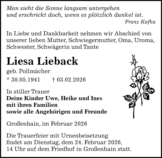 Traueranzeige von Liesa Lieback von Sächsische Zeitung