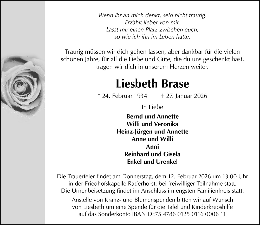 Traueranzeige für Liesbeth Brase vom 07.02.2026 aus Schaumburger Nachrichten